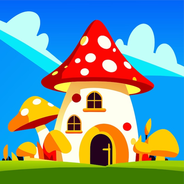 Vector cheese house with mushroom and in the garden cartoon style on sky background