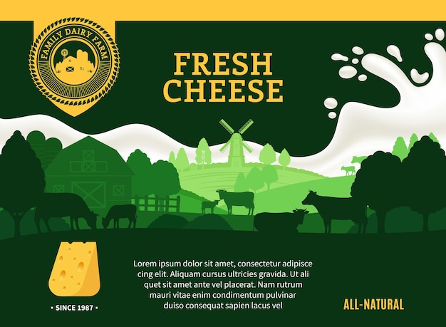 Cheese illustration with cows, calves, farm and milk splash