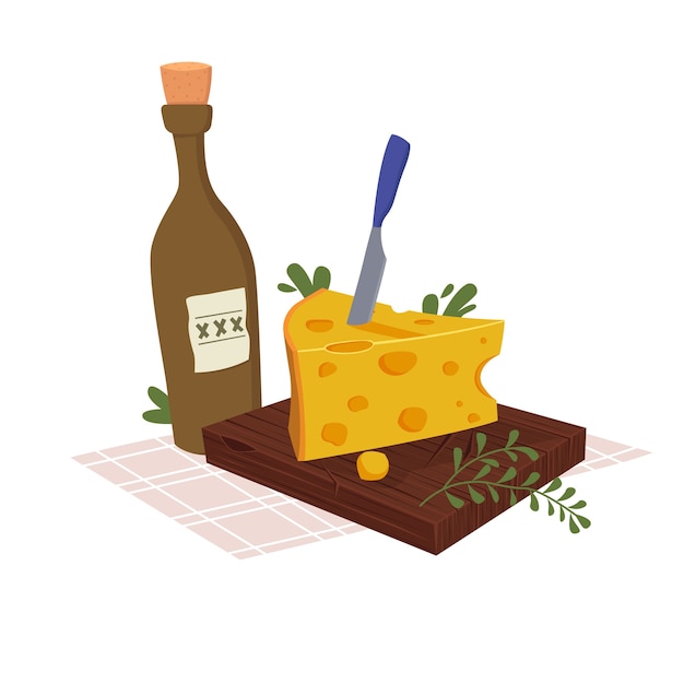 cheese on a plank with a bottle of wine