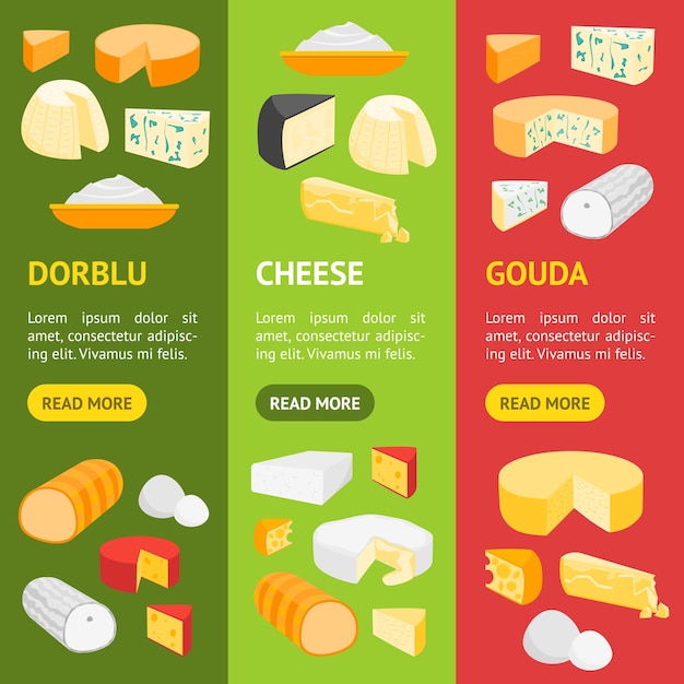 Cheese Product Dairy Banner Vecrtical Set Vector