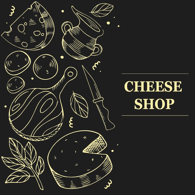 Cheese products concept. Template for menu, flyer, banner on a black background.