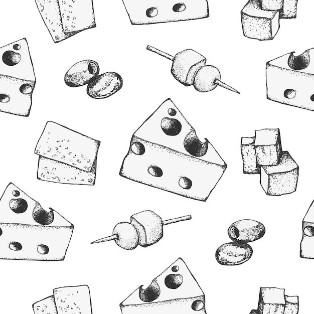 Cheese seamless pattern Handdrawn ink drawing cheese slices Restaurant menu design