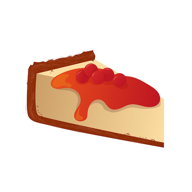 Cheesecake drizzled with topping and cherries, berries. Cartoon vector breakfast.