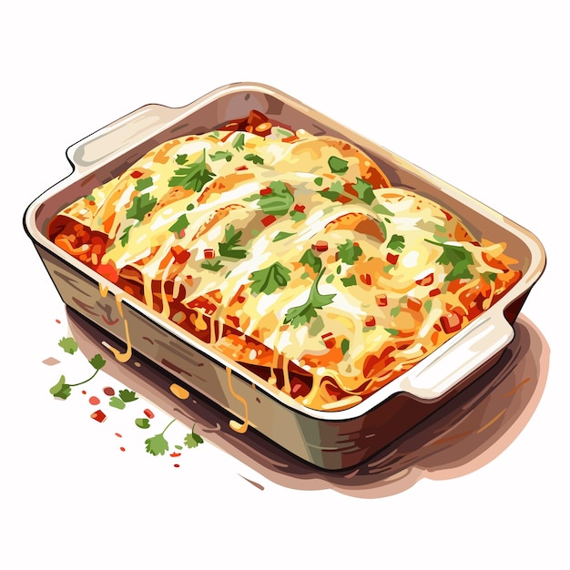 Vector cheesy chicken enchilada casserole vector illustration