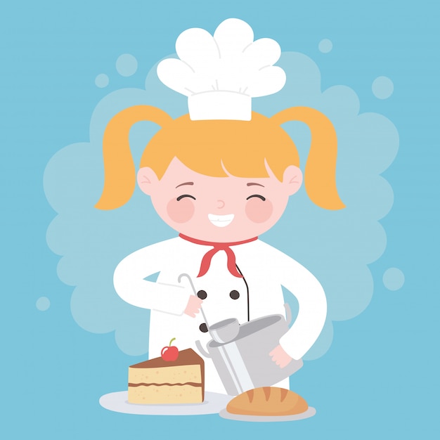 Chef blonde girl cooking with pot bread and cake cartoon character