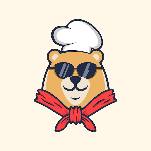 Chef cartoon bear with eyeglasses logo design vector illustration