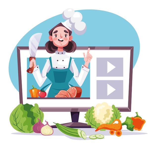 Vector chef character giving cooking video show class. online internet culinary streaming tv show concept