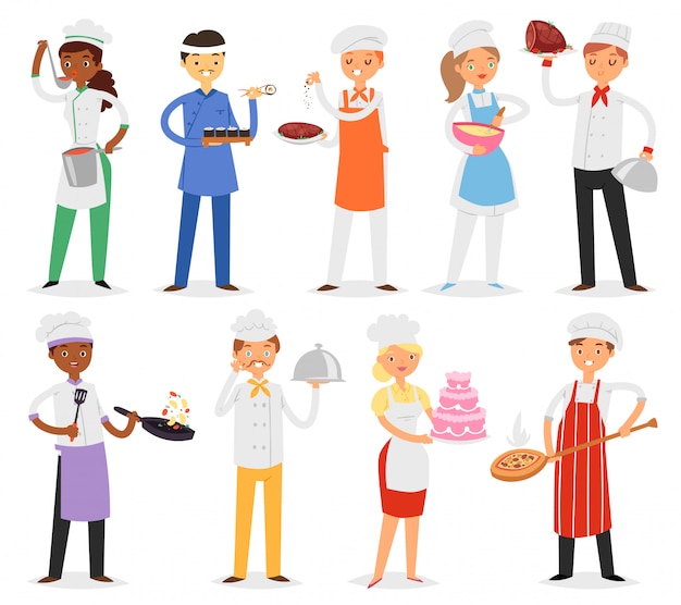 Chef  cook character woman or man cooking food dish on kitchen of restaurant illustration