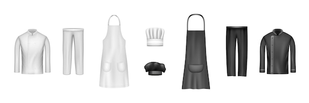 Chef cook uniform set Realistic white and black mockup of culinary workwear clothing elements