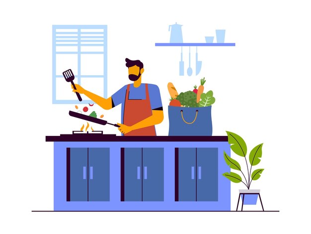 Vector chef cooking in kitchen vector illustration