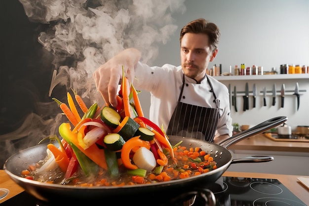 chef cooking vegetables with a chef behind him