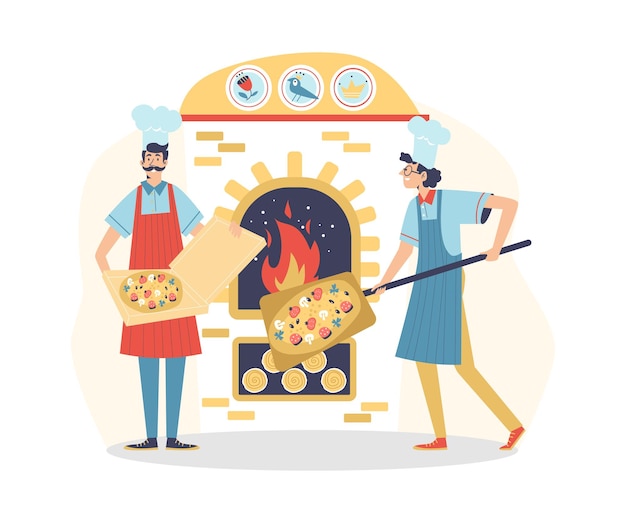 Chef cooks putting pizza to brick stone flat vector illustration isolated