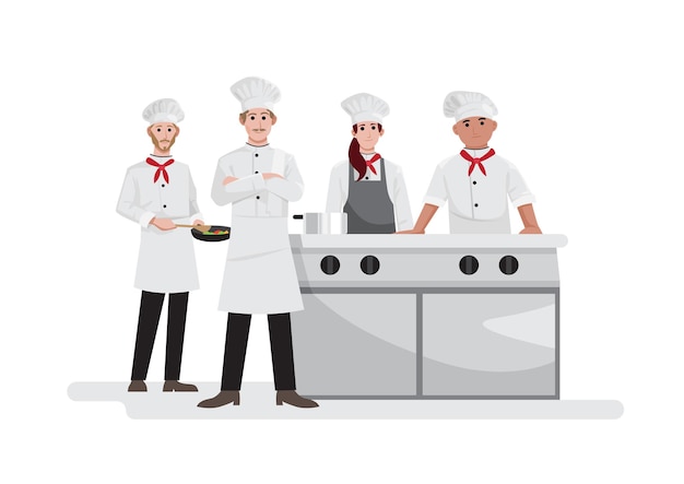 Chef crosses arms with his staff in restaurant kitchen, vector illustration