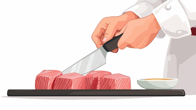 Vector chef cutting tuna meat with knife vector illustration