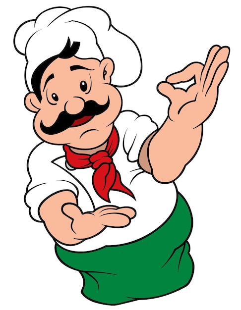 Chef from a Pizzeria in a White Cap with a Green Apron as Cartoon Illustration