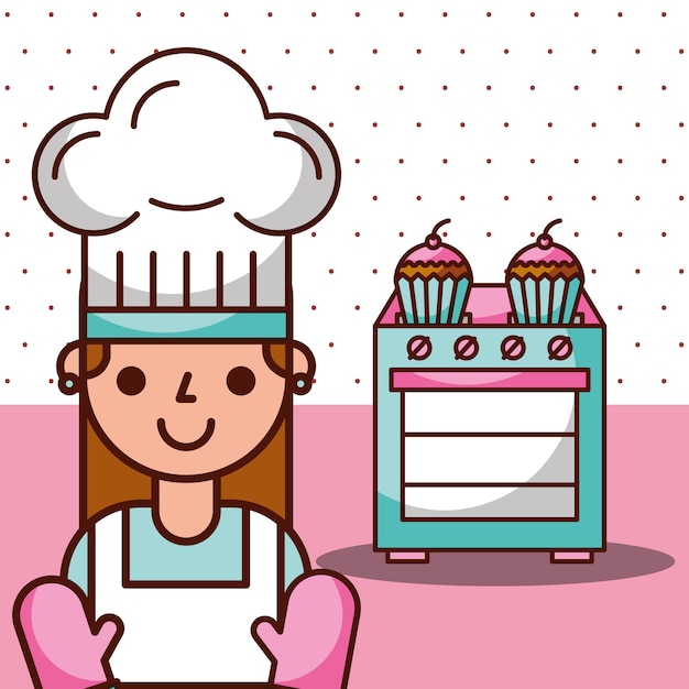 chef girl and stove with cupcakes dessert 