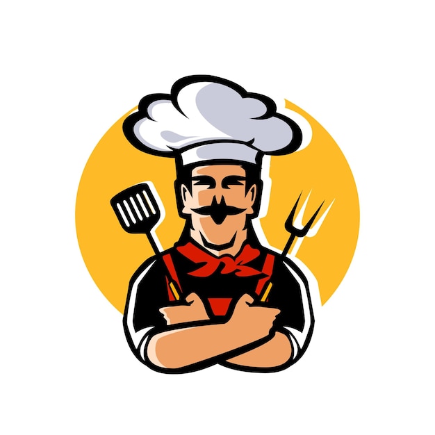 Chef in hat holding cooking tools Cooking restaurant concept vector illustration