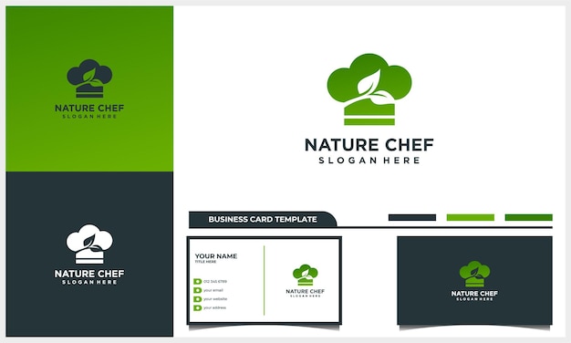 Chef head logo with green leaf logo design concept with business card template