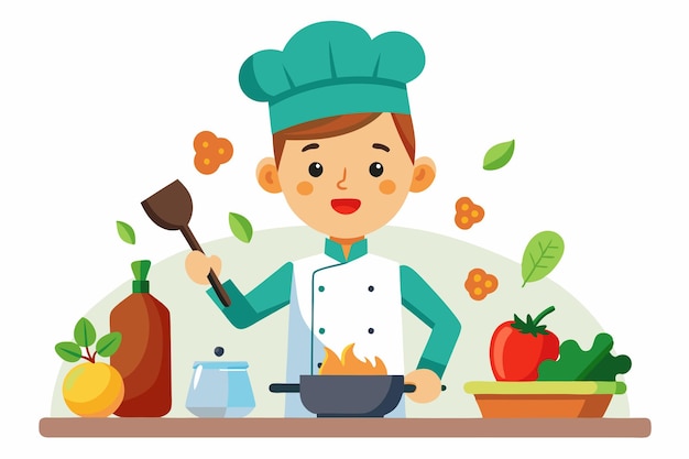 Vector a chef joyfully stirfries vegetables in a pan surrounded by fresh ingredients in a lively kitchen chef boy cooking vegetables in a pan isolated white background