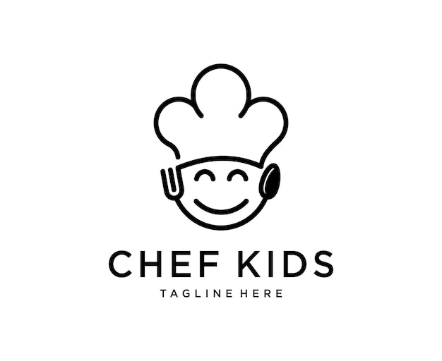 Chef Kid's cooking logo illustration of kid with a fork and spoon vector line icon template