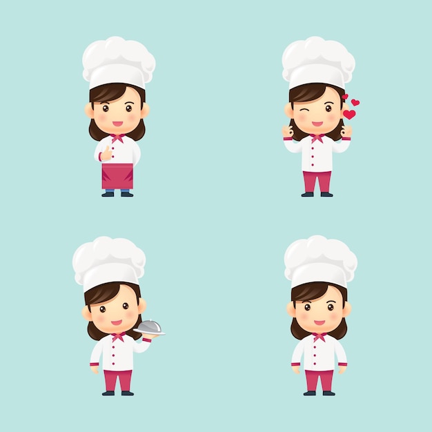 Chef kids girl Confident woman Cooking children set sign vector illustration