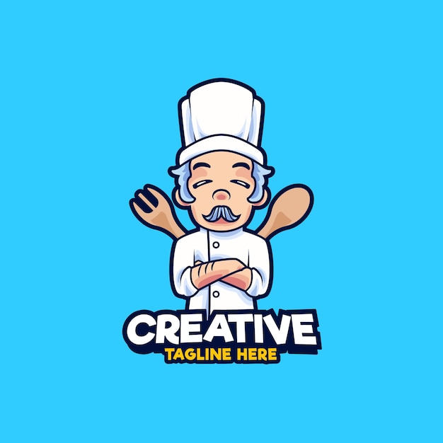 Chef mascot logo design illustration. Old man chef with cutlery vector illustration