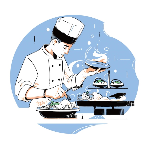 A chef meticulously plating a gourmet dish in a high end restaurant vector illustration