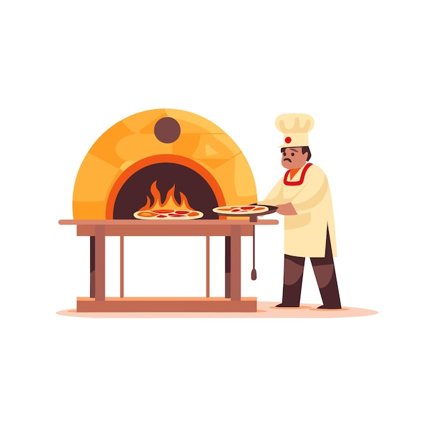 Chef placing the pizza into a traditional woodfired Vector illustration