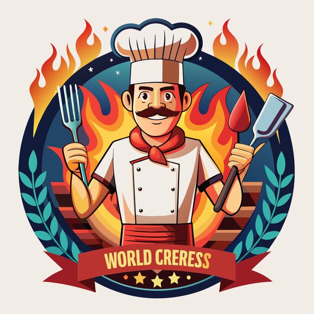 Vector a chef tshirt design featuring a cartoon chef standing confidently beside a grill that emits