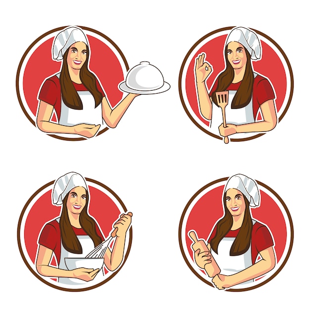 Chef woman cartoon mascot sticker design