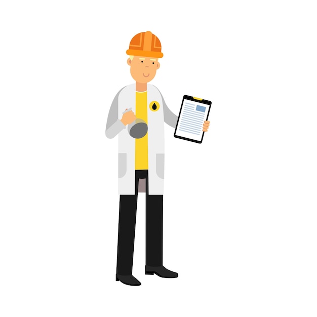 Chemical engineer character working on oil sample, oil refinery production vector illustration on a white background