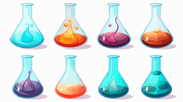 Vector chemical flasks set icon for science and laboratory glassware equipment with chemical reaction