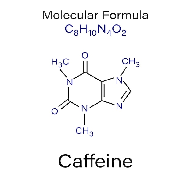 Chemical formula of Caffeine stimulant molecule skeletal in tea coffee and others soft and energy