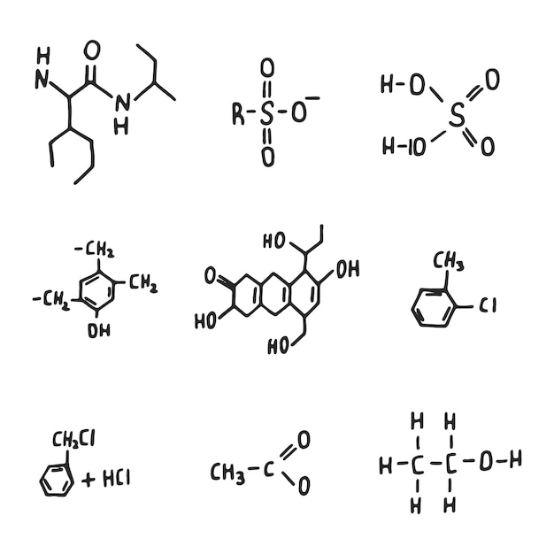 Chemical formulas complex icons set isolated objects silhouettes