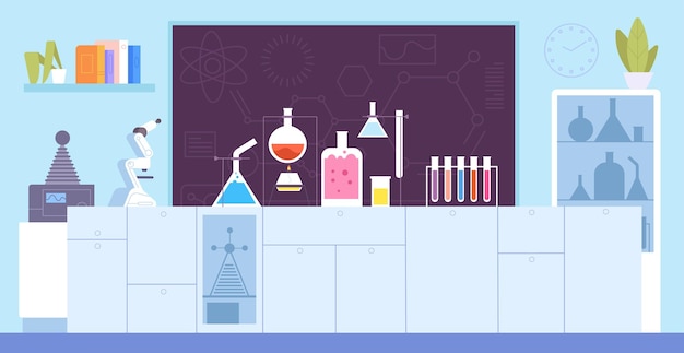 Chemical laboratory classroom School science lab background cartoon chemistry room microbiological equipment microscope table board for experiment splendid vector illustration