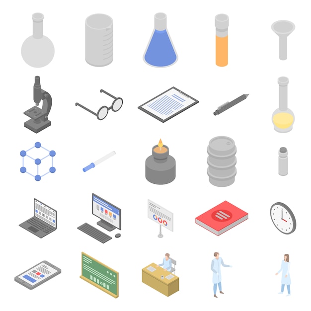 Chemical laboratory experiment icons set, isometric style