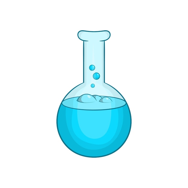 Chemical laboratory flask with blue liquid icon in cartoon style on a white background