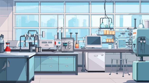 Vector chemical laboratory scene background with scientific equipment