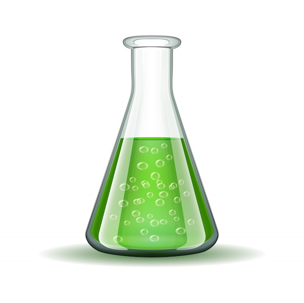 Chemical laboratory transparent flask with green liquid