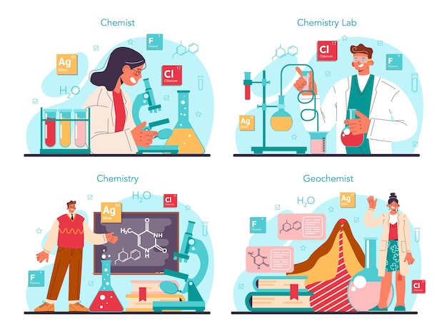 Chemist concept set. Chemistry scientist doing an experiment in the laboratory