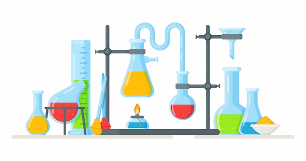 Chemistry class.   illustration of conducting an experiment. Liquid in test tubes and flasks.