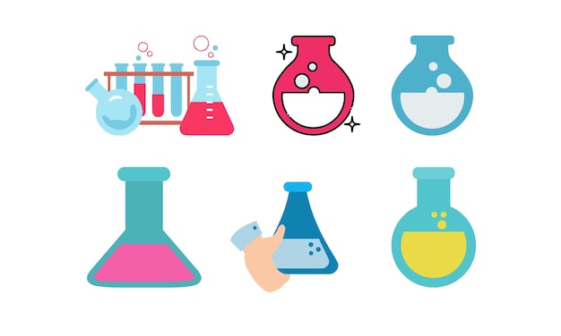 Chemistry flat icons set Laboratory glassware and flasks Vector illustration