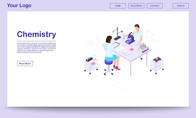 Chemistry lab staff isometric landing page template.