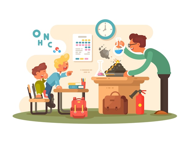 Chemistry lesson in classroom. Tteacher shows pupils experience. Vector illustration