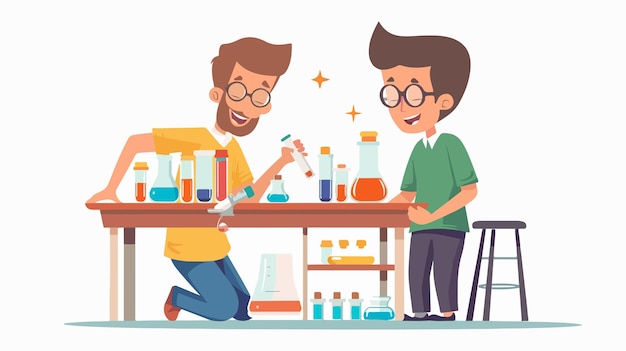 Vector chemistry lesson with young teacher and school boy education concept