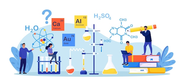 Chemistry pharmacy lab science equipment People learning chemical formula elements Scientific experiment in laboratory with reagents test glass flask chemical substances Education innovation