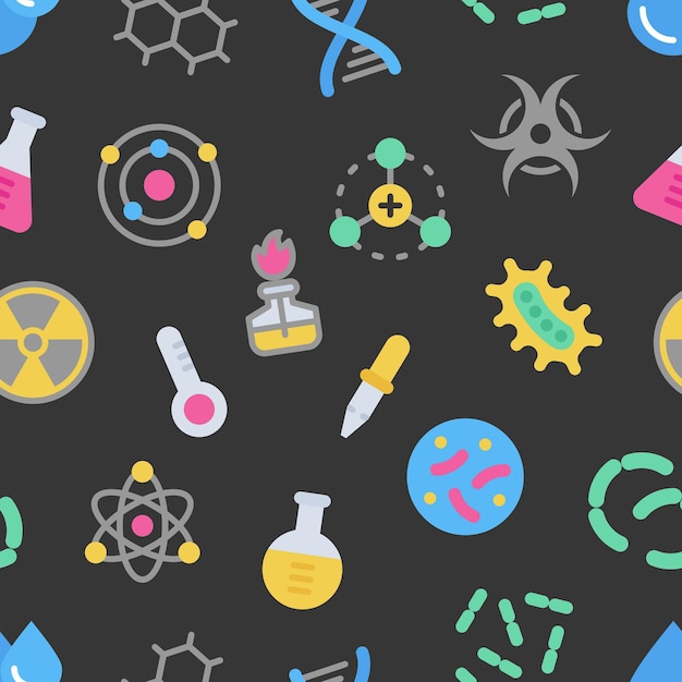 Chemistry science details colorful vector seamless pattern on dark background Pharmacy and chemistr