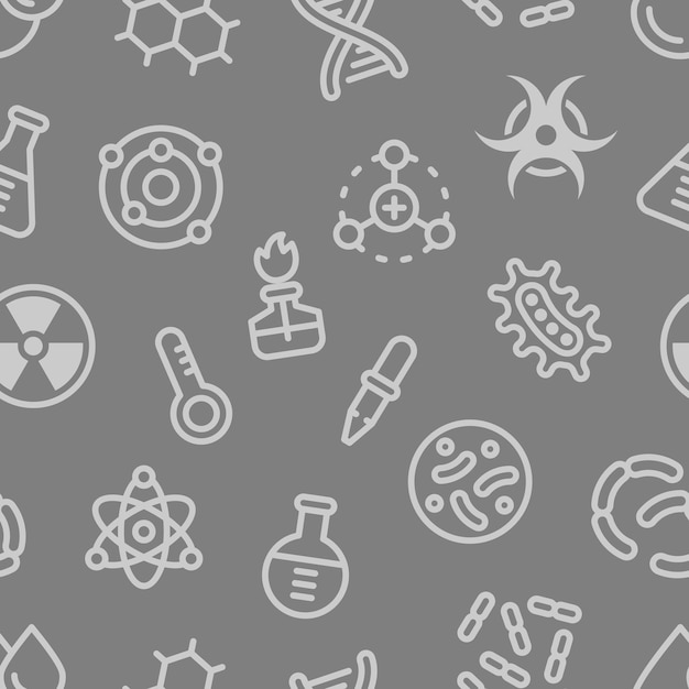 Chemistry science details outline vector seamless pattern on grey background