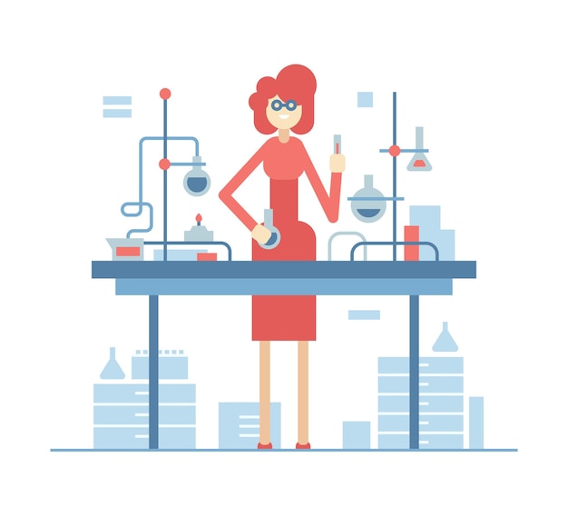 Chemistry teacher - modern flat design style illustration isolated on white background. Smiling woman wearing glasses standing in the class at the desk and showing an experiment. Red and blue colors