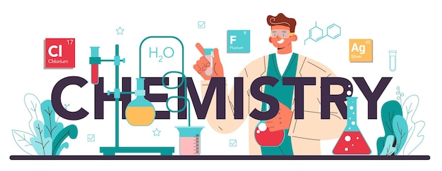 Chemistry typographic header. Chemistry scientist doing an experiment in the laboratory. Different chemical substances' atoms research. Flasks and other equipment. Flat vector illustration